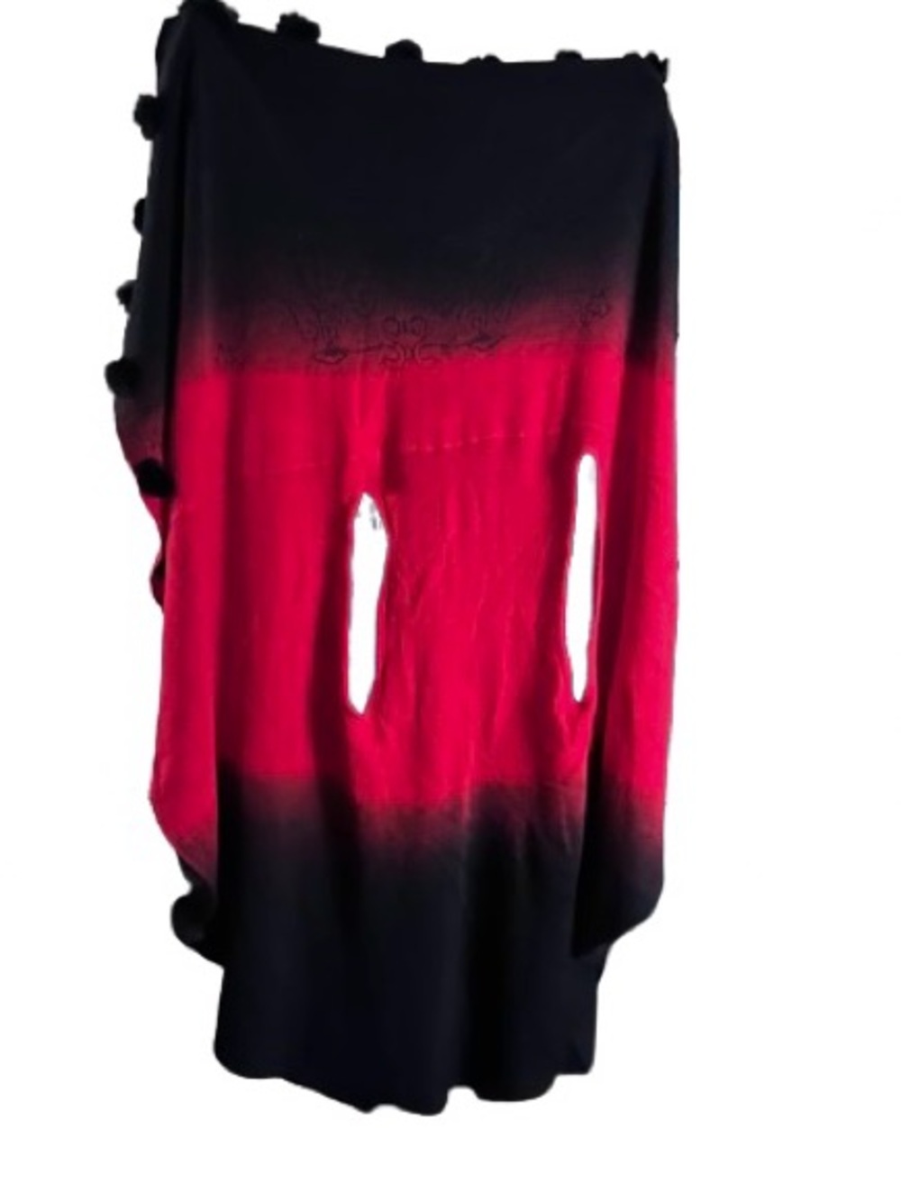 Ombre Layered circular Shawl Faux Fur Pom Pom Trim Red Black Floral Wrap Scarf - Picture 12 of 13